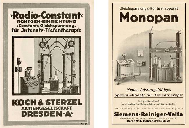 Zwei illustrierte Werbeanzeigen für neue Bestrahlungsgeräte von 1921